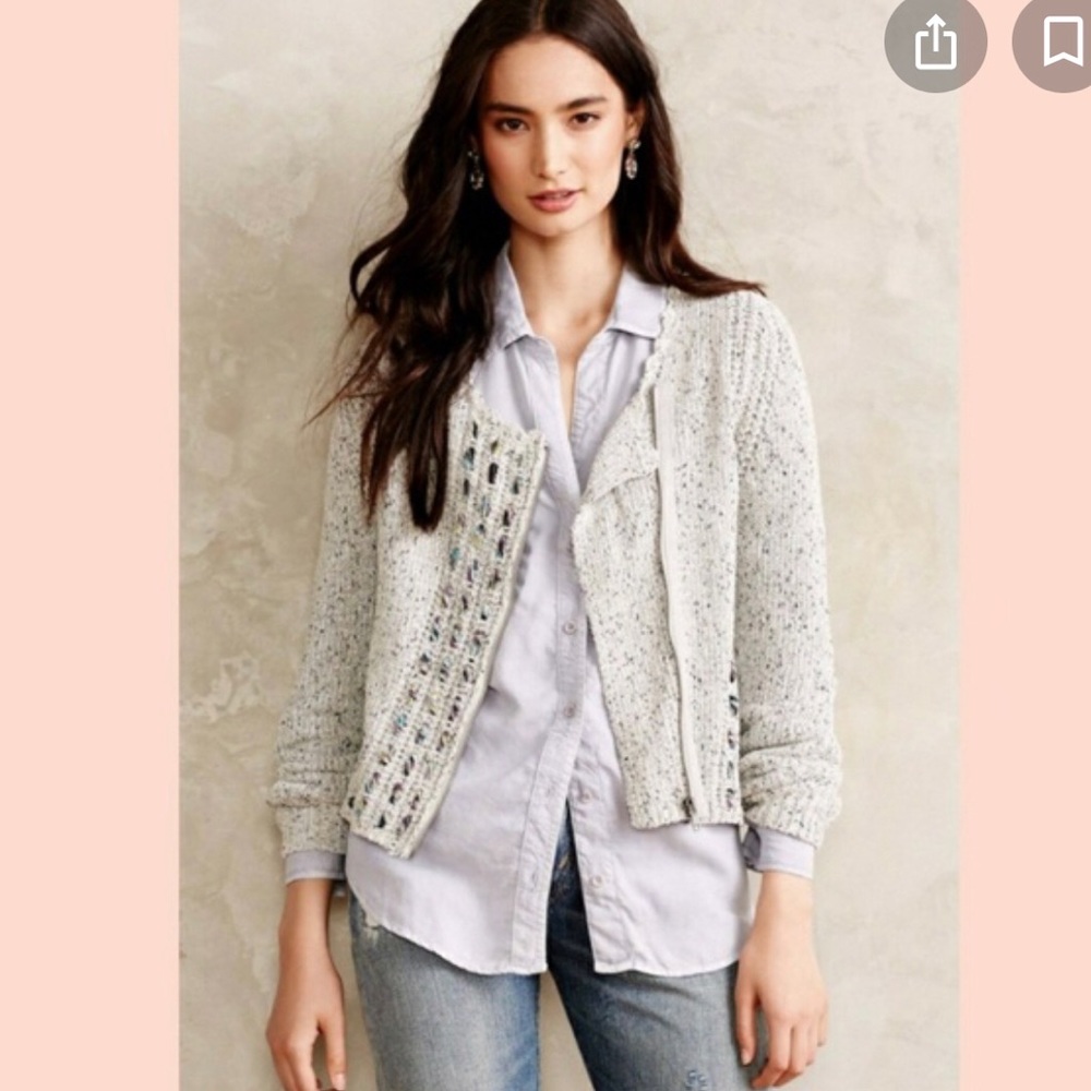 Anthropologie tweed zip sweater with velvet trim